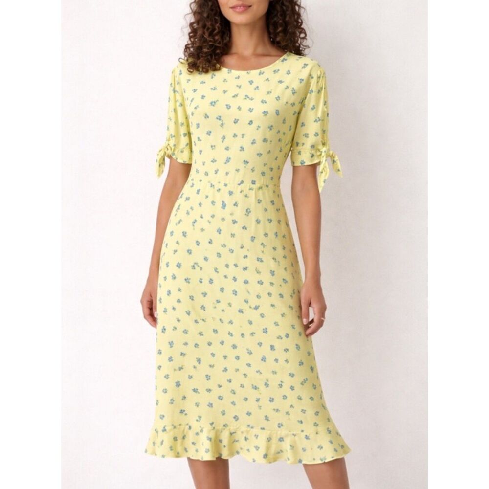 NWT Faithfull the Brand Emilia Luda Lemon Yellow Floral Midi Dress Size Large /8